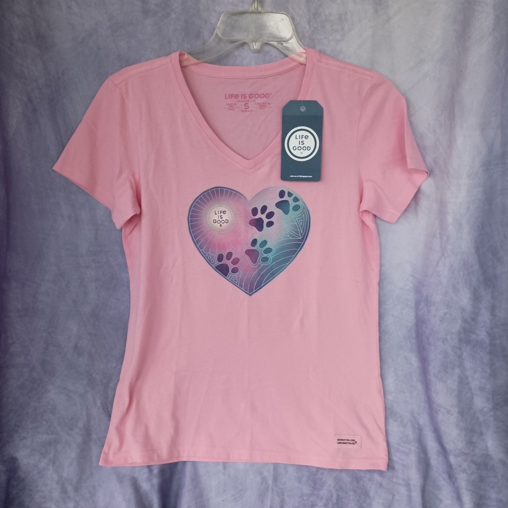 Life Is Good Pink Crusher Lite Pawprints Heart Tee NWT